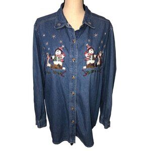 Bobbie Brooks Christmas Denim Shirt Size Large Shirt Snowman Embroidered Blue